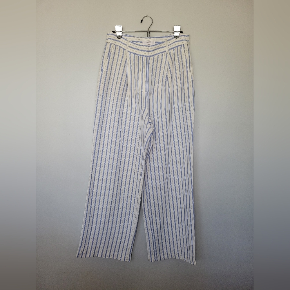 Loft Peyton Striped Linen Blend Blue & White Wide Leg High Rise Pants SZ 6